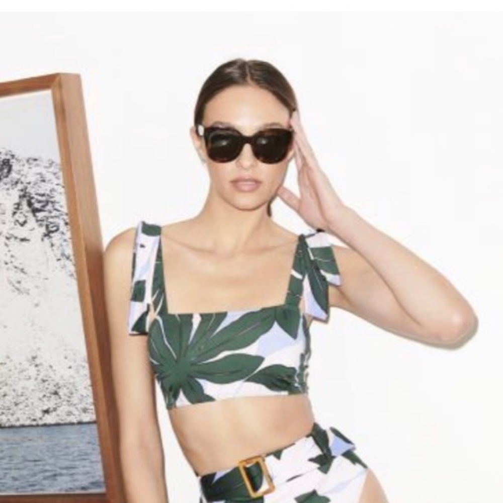 Alexandra Miro Audrey Bikini Top Palm Print Swimsuit Modest Bandeau Bow Cruise - Picture 1 of 9